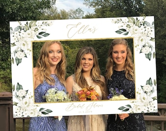 Bridal Shower Photo Prop Frame Printable Template, Greenery Wedding, Hen Party Photo Booth Frame, White Floral Gold Frame, DIY Party Frame