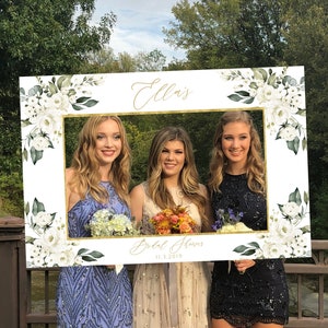 Bridal Shower Photo Prop Frame Printable Template, Greenery Wedding, Hen Party Photo Booth Frame, White Floral Gold Frame, DIY Party Frame image 1