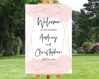Wedding Welcome Sign Template, Wedding Welcome Sign Printable, Geometric Wedding Sign, Blush Pink and Gold Wedding Sign, Soft Pink Sign