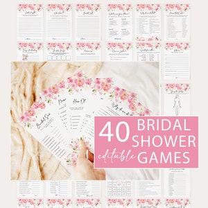 Bridal Shower Games Bundle, Bright Pink Floral Bridal Shower Editable Games Set, Printable Games, Games Pack, Brynn Colorful Love in Bloom