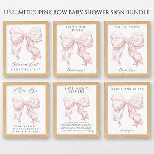 Bewerkbare roze strik douchebord sjabloonbundel, coquette roze strik babyshower onbeperkt tafelborden, afdrukbare meisje babyshower borden bundel
