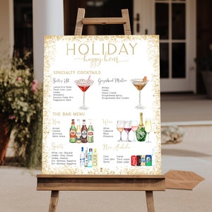 Feestdag Happy Hour-drankje, bord kerstfeest drankjes, gouden glitter drankmenubordsjabloon, kenmerkende drankjes, meer dan 7.000 drankjes