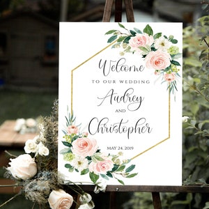 Printable Blush Pink Floral Greenery Wedding Welcome Sign Template, DIY Editable Geometric Gold Modern Signage, Boho Rustic Download, MP08