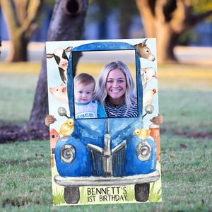 Blue Truck Photo Prop Frame Template, Child&#39;s Birthday Party Photo Prop, Farm Animal Theme Decor, Selfie Frame, Barn Editable Frame, DIY