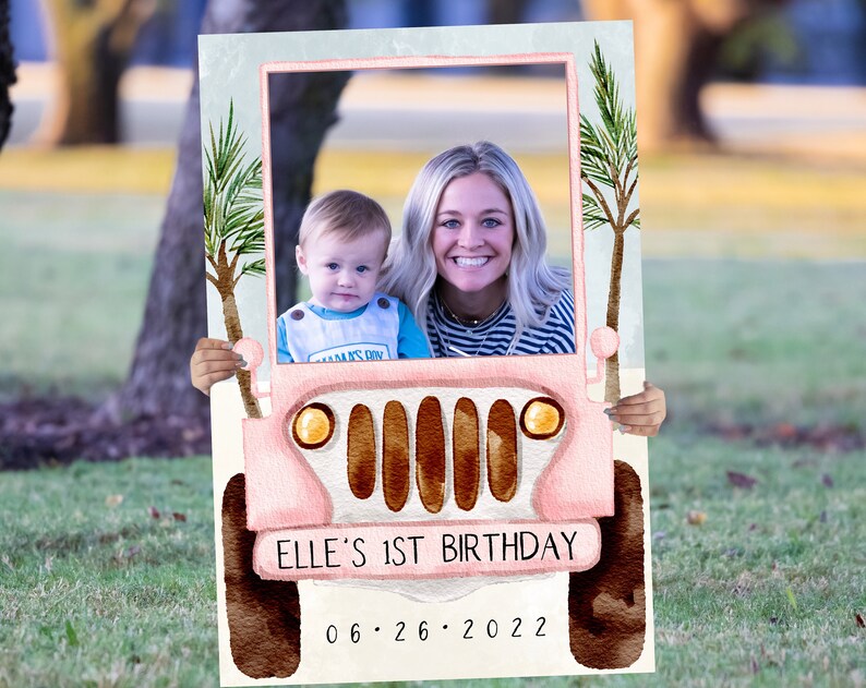 Safari Pink Truck Photo Prop Frame PRINTED Ready to Use Child Birthday Party Photo Prop Jungle Theme Photo Prop Frame Safari