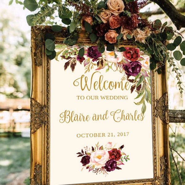 Welcome Wedding Sign Template / Editable Three Sizes 16x20, 18x24, 24x36 - Fall Floral - Gold / Cream / Burgundy / Marsala / Wine Rusti