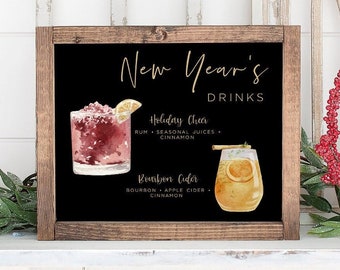 New Year's Eve Signature Drink Template, New Years Eve Cocktail Sign, Holiday Bar Menu, Black Gold Bar Sign 4,000+ Drink Images + Garnishes
