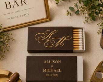 Personalized Monogram Match Boxes with Gold Foil | Wedding Cigar Bar Matches | Custom Wedding Favors | Luxury Matchbox Favors
