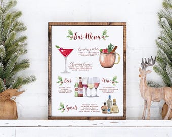 May include: A rectangular wooden-framed sign titled Bar Menu featuring watercolor illustrations of cocktails, beer, wine, and spirits with text listing ingredients and types including Cranberry Mule, Christmas Cosmo, and various alcohol brands.