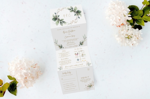 Tri Fold Wedding Invitation Printed, All-In-One Invitation, Folded