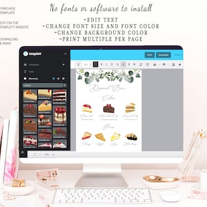 May include: A computer screen displaying a digital template for a dessert bar sign. The sign features a watercolour background with greenery and text that reads "Dessert Bar Cakes". The sign lists various cake and pie options with corresponding images.