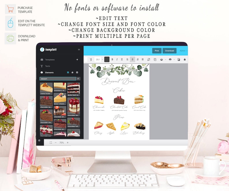 May include: A computer screen displaying a digital template for a dessert bar sign. The sign features a watercolour background with greenery and text that reads "Dessert Bar Cakes". The sign lists various cake and pie options with corresponding images.