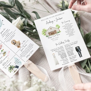 May include: Two wedding programs printed on fans. The left fan has a timeline of the couple's relationship with illustrations of rings, a cocktail, a cake, and a dog. The right fan has a watercolor illustration of a barn and the text "Welcome to the Wedding of Audrey + Jackson".