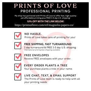 Peut inclure: Une liste de contr&ocirc;le des avantages offerts par Prints of Love, un service d'impression professionnel. La liste comprend la livraison gratuite, un d&eacute;lai de livraison rapide, des enveloppes gratuites, un arbre plant&eacute; pour chaque commande et un service de clavardage en direct, de textos et de courriels. Le texte comprend l'adresse du site Web : https://printsoflove.com/ref/magnolia-papers-co/