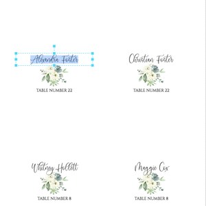 May include: Four white floral table cards with green leaves and blue accents. The cards have names and table numbers printed on them. The names are Alexandra Foster, Christian Foster, Whitney Hollett, and Maggie Cox. The table numbers are 22 and 8.