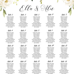 May include: A wedding seating chart with a floral design featuring white roses and green leaves. The chart lists the names of guests assigned to each table, numbered 1 through 25.