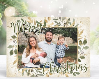 Rustic Olive Green & Gold Christmas Photo Card Template (Instant Download)