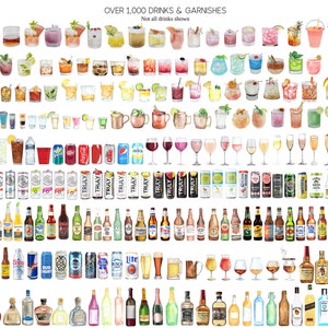 May include: A watercolor illustration of over 1,000 different drinks and garnishes. The image includes a variety of alcoholic and non-alcoholic beverages, including cocktails, beers, wines, and spirits. The image also includes a variety of garnishes, such as fruit slices, herbs, and spices.