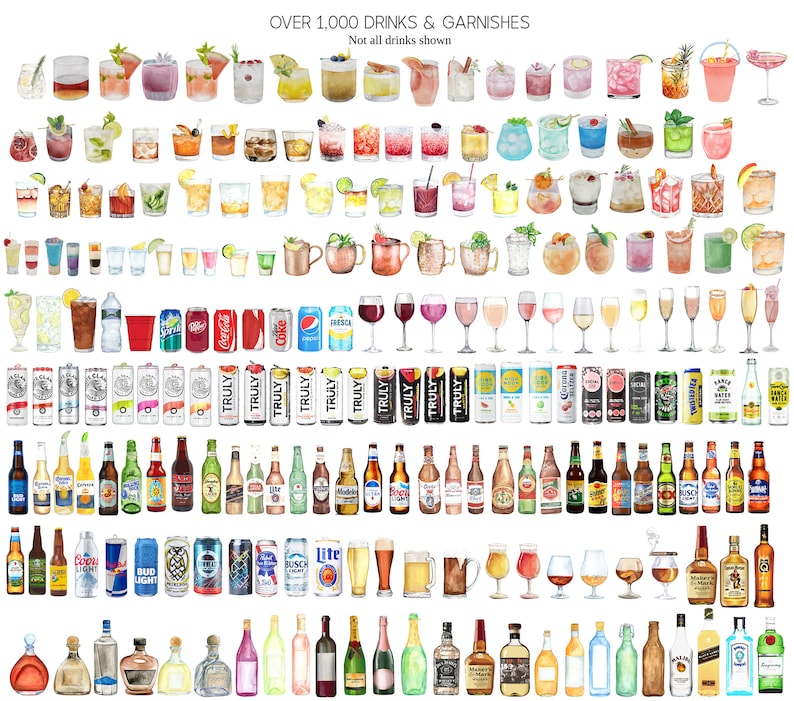 May include: A watercolor illustration of over 1,000 different drinks and garnishes. The image includes a variety of alcoholic and non-alcoholic beverages, including cocktails, beers, wines, and spirits. The image also includes a variety of garnishes, such as fruit slices, herbs, and spices.
