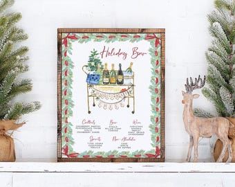 May include: A framed sign titled Holiday Bar with a watercolor illustration of a bar cart featuring bottles and a banner reading Holiday Cheer. The menu lists cocktails, beer, wine, spirits, and non-alcoholic drinks, all framed by a green and red holiday garland border.