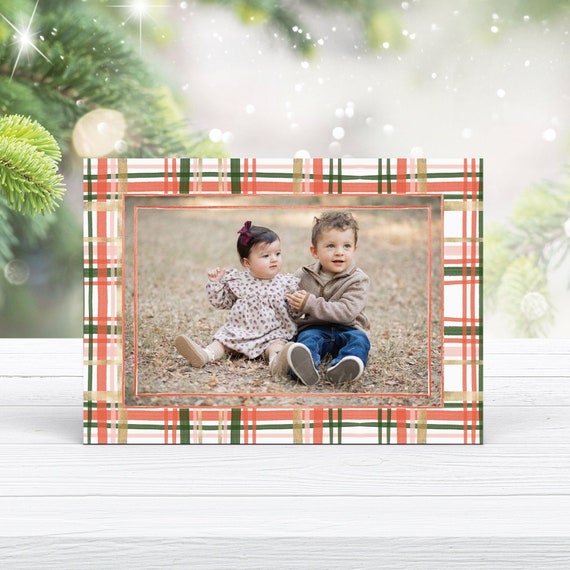 Photo Christmas Card Template, Pink Plaid Christmas Card, Pink Red Green Gold Plaid Holiday Card, Preppy Christmas Card, Instant Download Il_570xn
