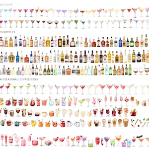May include: A watercolor illustration of various cocktails and spirits. The image is divided into three sections: martini/coupe, spirits/bottles, and holiday/seasonal/coffee/cider. Each section features a variety of drinks, including classic cocktails, popular spirits, and seasonal favorites.