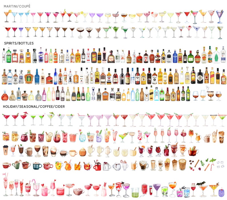 May include: A watercolor illustration of various cocktails and spirits. The image is divided into three sections: martini/coupe, spirits/bottles, and holiday/seasonal/coffee/cider. Each section features a variety of drinks, including classic cocktails, popular spirits, and seasonal favorites.