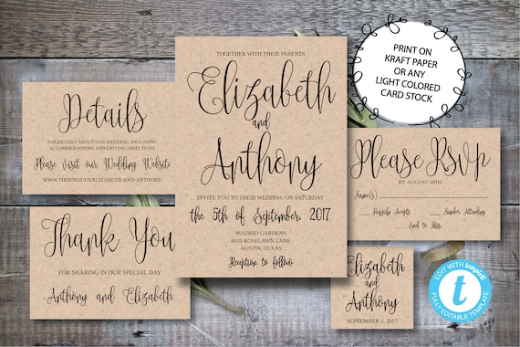 Wedding Invitation Template Printable Editable Calligraphy