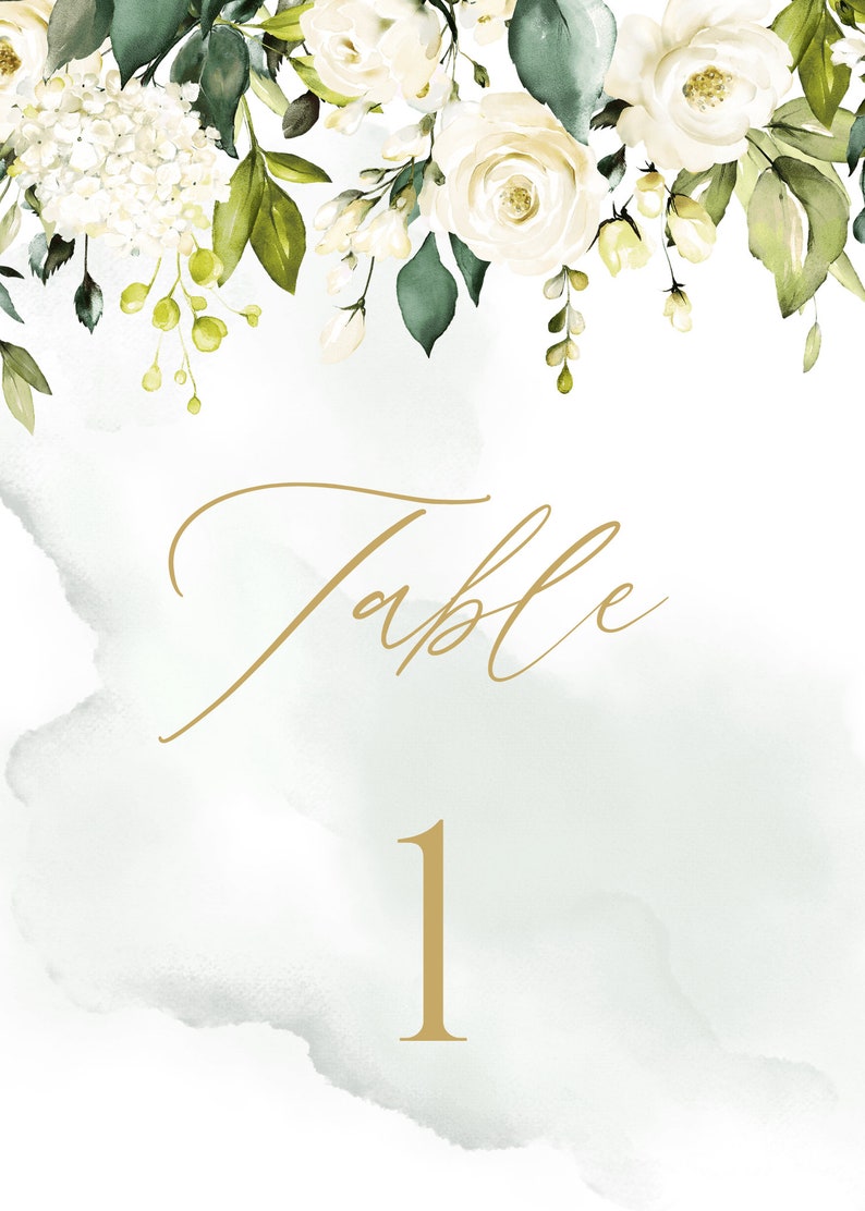 May include: White floral wedding table number card with green leaves and a gold background. The card says "Table 1".