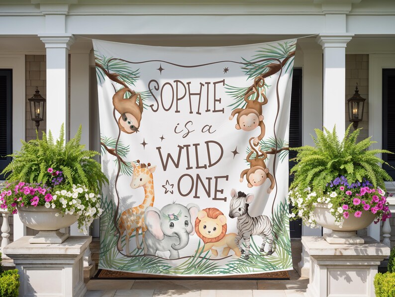 Wild One Birthday Welcome Banner: Jungle Safari Animal Theme Tapestry ...