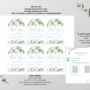 May include: Six printable gift tags with a watercolor design featuring green leaves and blue flowers. The tags say "Thank You for celebrating with us" with the names "Gyphia & Grahan" and the date "May 12, 2019". The tags are designed to print on 8.5 x 11 inch paper.