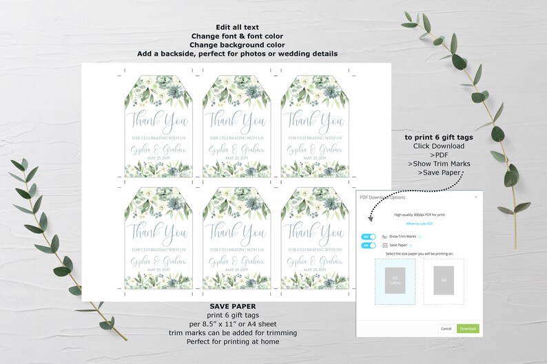May include: Six printable gift tags with a watercolor design featuring green leaves and blue flowers. The tags say "Thank You for celebrating with us" with the names "Gyphia & Grahan" and the date "May 12, 2019". The tags are designed to print on 8.5 x 11 inch paper.