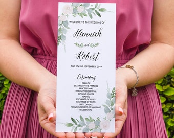 PRINTED Wedding Program, Greenery and Cream Floral Ceremony Program, Rustic Wedding Program Printed, Boho Order of Service, Double-Sided