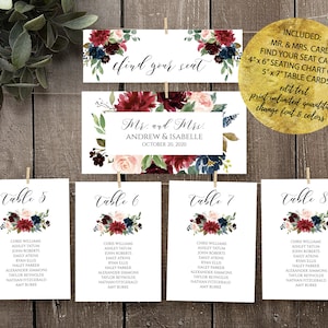 Modello per grafici dei posti a sedere per matrimoni, biglietti per grafici dei posti a sedere stampabili blu scuro e bordeaux, carte con numeri di tabella modificabili, Boho fai da te, MP23