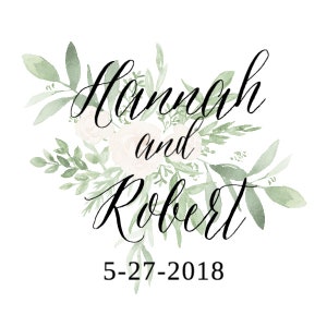 以下が含まれることがあります： 緑と白の水彩画の花柄が描かれた結婚の発表。テキストには「ハンナとロバート」と、その下に日付「5-27-2018」が書かれている。