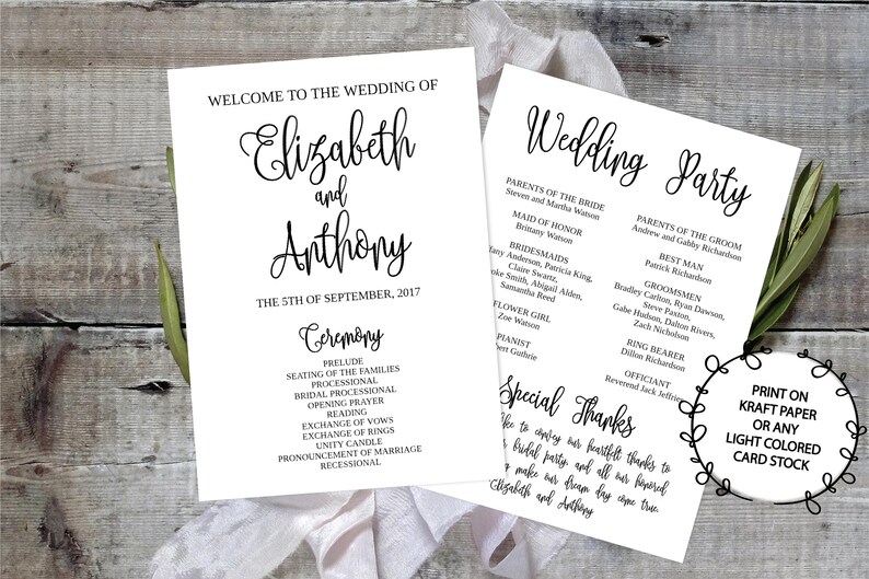 Wedding Program Template Printable / Editable 5x7 Calligraphy Script DIY Print on Kraft Paper or Light Card Stock / Rustic Wedding image 5