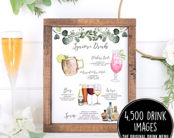 Signature Drinks Sign, Editable Signature Cocktails Template, Bar Menu Sign Template, Signature Drinks Sign, 4,000+ Drink Images, Greenery