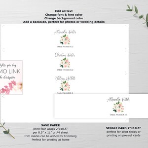 May include: Printable wedding table cards with floral designs. The cards feature the names "Alexandra Foster", "Christian Foster", and "Whitney Hollitt" with their corresponding table numbers. The cards are available in two sizes: 2 x 10.5 inches for single cards and 8.5 x 11 inches for four cards per sheet.