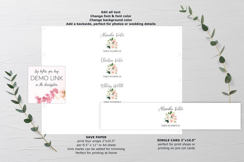 May include: Printable wedding table cards with floral designs. The cards feature the names "Alexandra Foster", "Christian Foster", and "Whitney Hollitt" with their corresponding table numbers. The cards are available in two sizes: 2 x 10.5 inches for single cards and 8.5 x 11 inches for four cards per sheet.