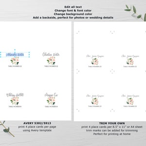 May include: Printable place cards with a floral design. The cards are designed to be printed on Avery 5302/5913 paper. The text on the cards reads "Abooba Fister", "Christian Fister", "Waiting Hillitt", and "Maggie Cor".