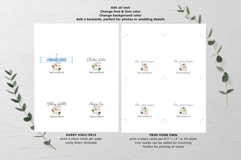 May include: Printable place cards with a floral design. The cards are designed to be printed on Avery 5302/5913 paper. The text on the cards reads "Abooba Fister", "Christian Fister", "Waiting Hillitt", and "Maggie Cor".