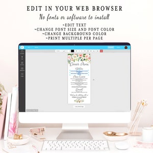 May include: A computer screen displaying a wedding menu template with a floral design. The menu includes sections for starters, main course, dessert, and a thank you message. The text on the screen reads "Dinner Menu", "Starters", "Main Course", "Dessert", "Thank you for celebrating with us", "ISABELLE & ANDREW".