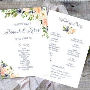 Wedding Program Template, Dusty Blue, Peach, Cream Program Printable, Wedding Program Printable, Botanical Wedding Program, Rustic Program