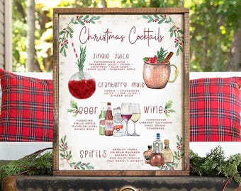 May include: A framed wooden sign titled Christmas Cocktails featuring illustrations of drinks including Jingle Juice, a cranberry mule, beer, wine, and spirits with their respective ingredients listed in black text against a white background.