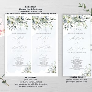 May include: Two printable wedding ceremony programs with a watercolor design featuring eucalyptus leaves and white flowers. The programs are on a light blue background with white text. The text includes the names of the bride and groom, the date of the wedding, and the order of the ceremony. The programs are labeled "Save Paper" and "Single Card".