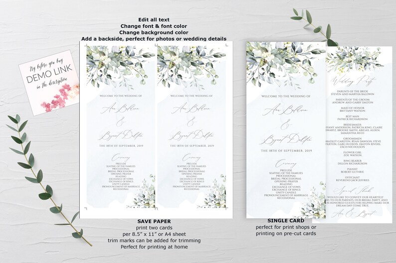 May include: Two printable wedding ceremony programs with a watercolor design featuring eucalyptus leaves and white flowers. The programs are on a light blue background with white text. The text includes the names of the bride and groom, the date of the wedding, and the order of the ceremony. The programs are labeled "Save Paper" and "Single Card".