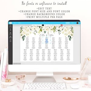 May include: A computer screen displaying a wedding seating chart template with a floral design. The template is editable and allows for customization of font size, font color, background color, and the ability to print multiple charts per page. The text on the screen reads "Elle & Ale".