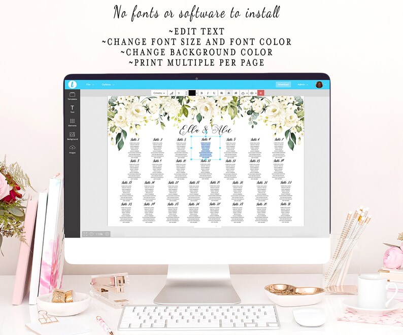 May include: A computer screen displaying a wedding seating chart template with a floral design. The template is editable and allows for customization of font size, font color, background color, and the ability to print multiple charts per page. The text on the screen reads "Elle & Ale".