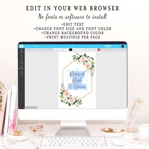 Puede incluir: Una pantalla de ordenador que muestra una plantilla digital para un cartel de boda. El cartel tiene un marco hexagonal dorado con una corona de flores y el texto "Reserved Bride & Groom" en un cuadro azul claro.