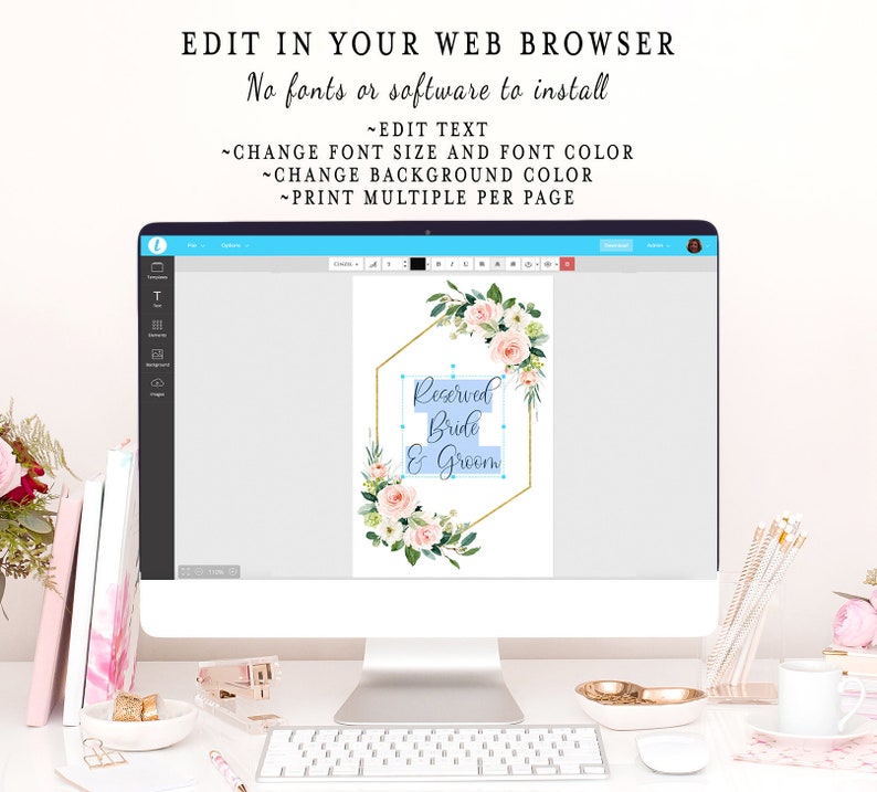 Puede incluir: Una pantalla de ordenador que muestra una plantilla digital para un cartel de boda. El cartel tiene un marco hexagonal dorado con una corona de flores y el texto "Reserved Bride & Groom" en un cuadro azul claro.